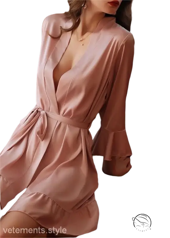 Pale pink silk lotus robe with plunging neckline and ruffled sleeves