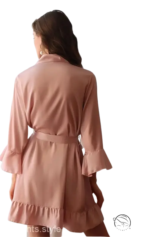 Pink silk lotus robe with ruffled sleeves and belted waist