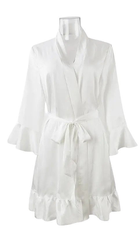 White silk lotus ruffle dress with belted sleeves and hem