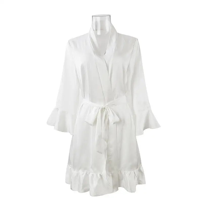 Elegant white silk lotus pajamas with ruffled sleeves and belt for spring and fall