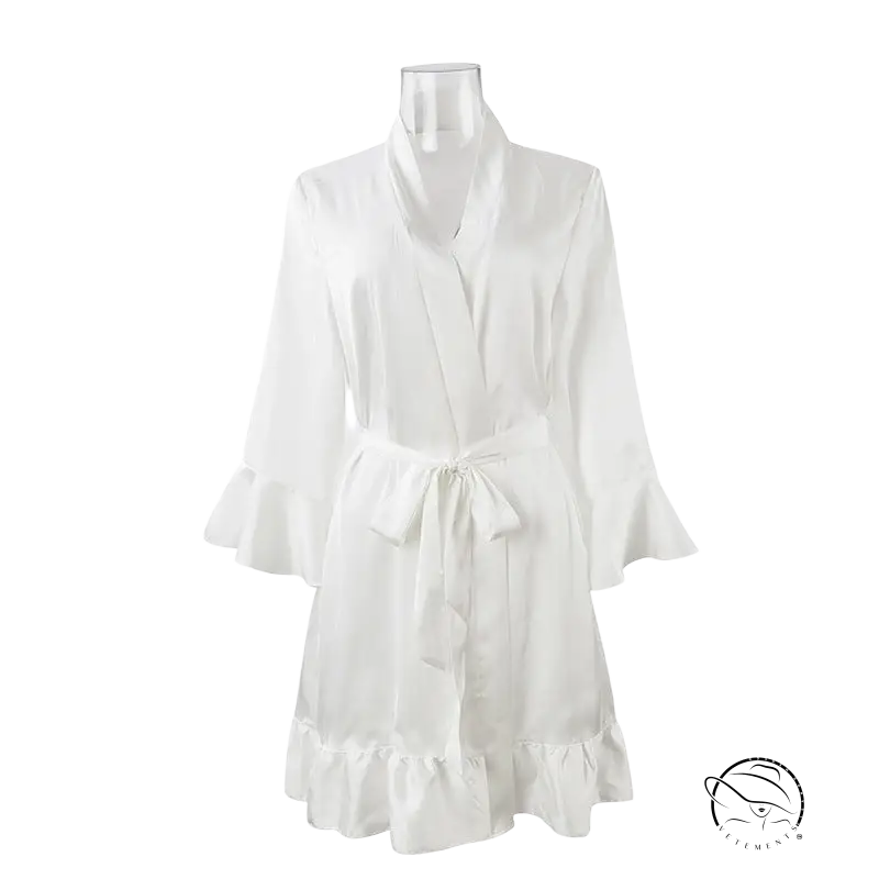 White silk lotus ruffle dress with belted sleeves and hem