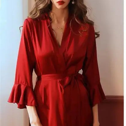 Red wrap dress with ruffled sleeves and hem from Elegant Spandex Ruffle Dress collection