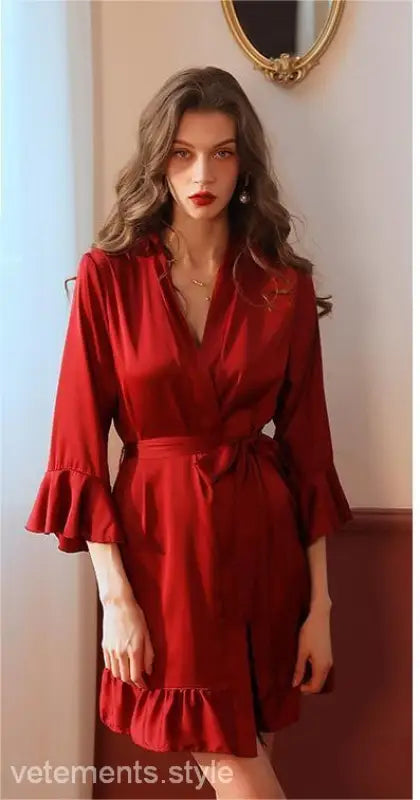 Red wrap dress with ruffled sleeves and hem from Elegant Spandex Ruffle Dress collection