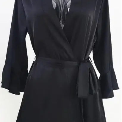 Black wrap dress with three-quarter sleeves and ruffled hem for elegant spring and fall wear