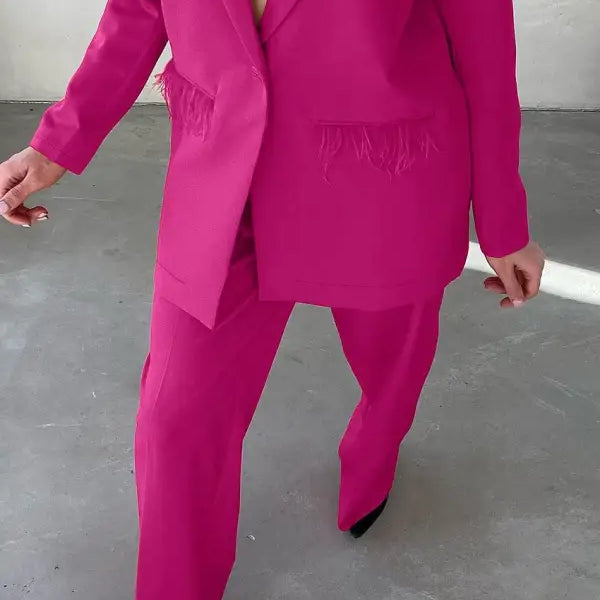 Fuchsia pantsuit with feather trim from Elegant Spring Casual Set featuring design feather stitching