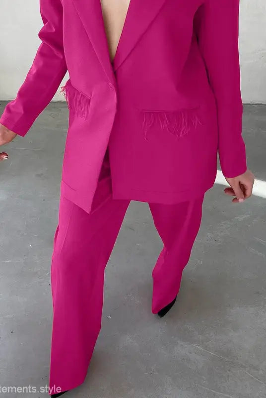 Fuchsia pantsuit with feather trim from Elegant Spring Casual Set featuring design feather stitching