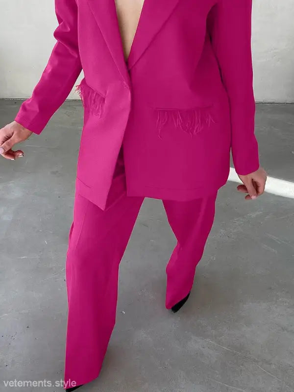 Fuchsia pantsuit with feather trim from Elegant Spring Casual Set featuring design feather stitching