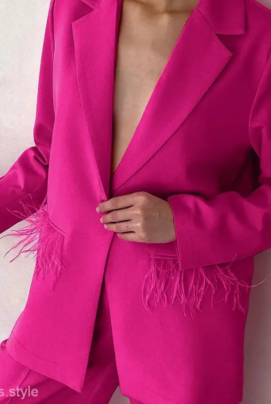 Bright pink blazer with feather trim from Elegant Spring Casual Set featuring design feather stitching