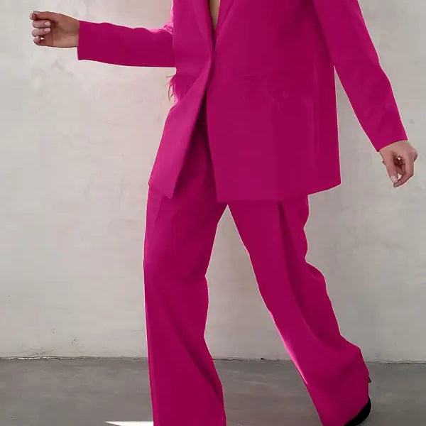 Bright pink pantsuit from Elegant Spring Casual Set with design feather stitching