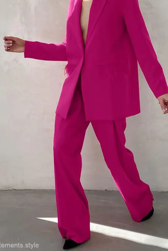 Bright pink pantsuit from Elegant Spring Casual Set with design feather stitching