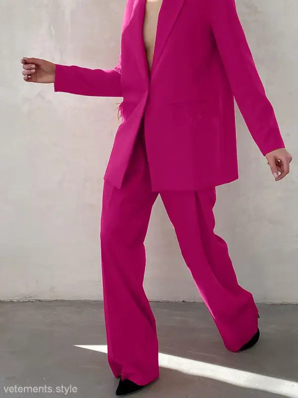 Bright pink pantsuit from Elegant Spring Casual Set with design feather stitching