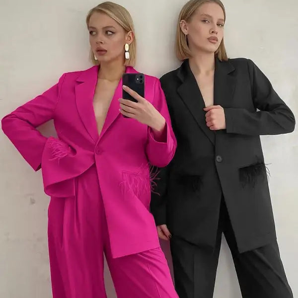 Women in stylish pantsuits wearing Elegant Spring Casual Set with design feather stitching