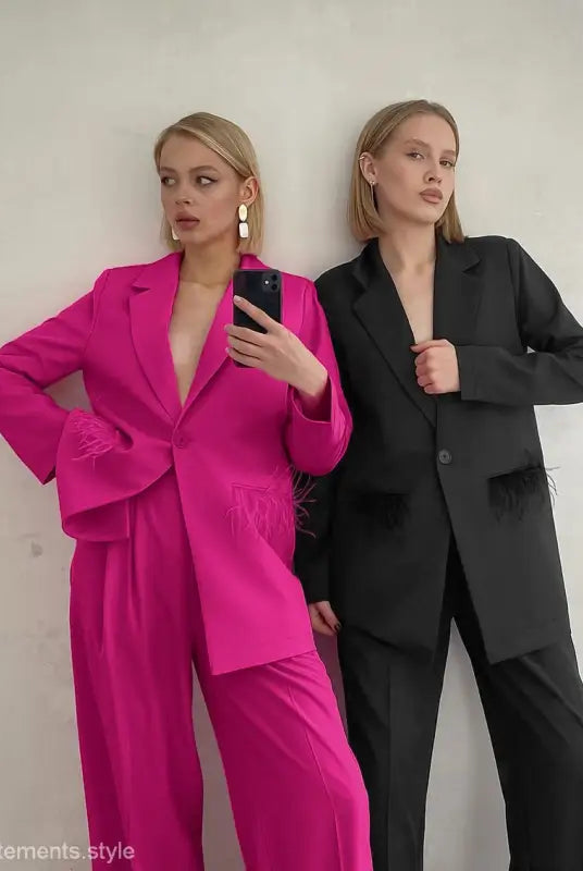 Women in stylish pantsuits wearing Elegant Spring Casual Set with design feather stitching