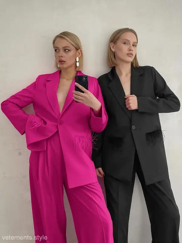 Women in stylish pantsuits wearing Elegant Spring Casual Set with design feather stitching