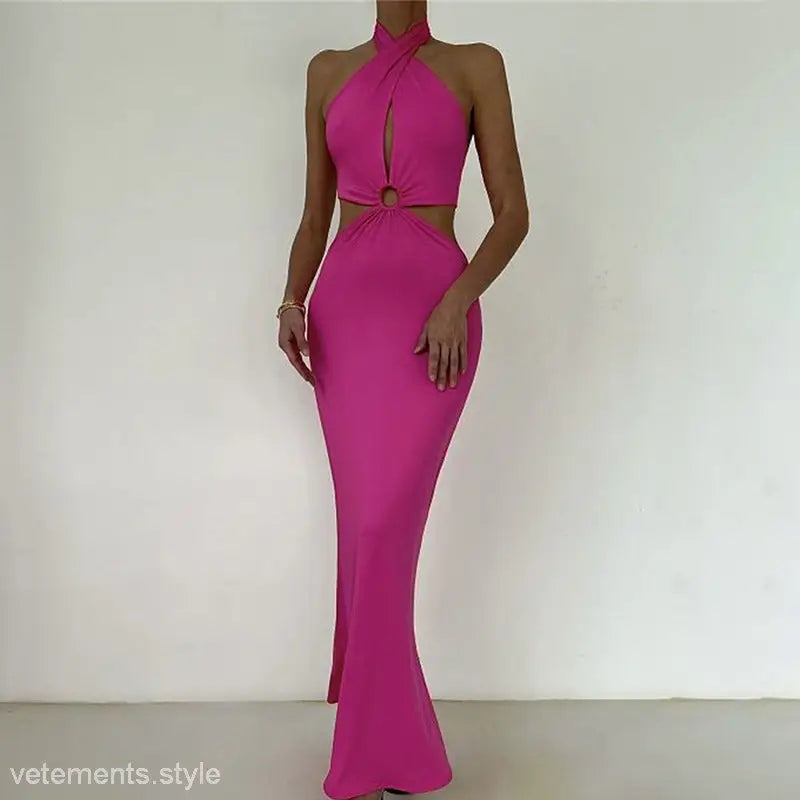 Fuchsia strap backless dress with waist cutouts, perfect for elegant strap parties