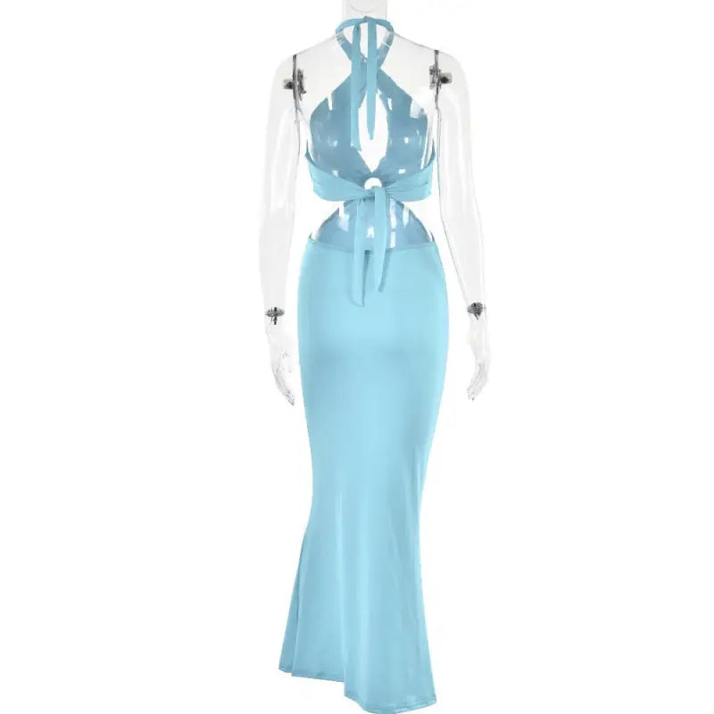 Light blue elegant strap backless maxi dress for parties and formal events