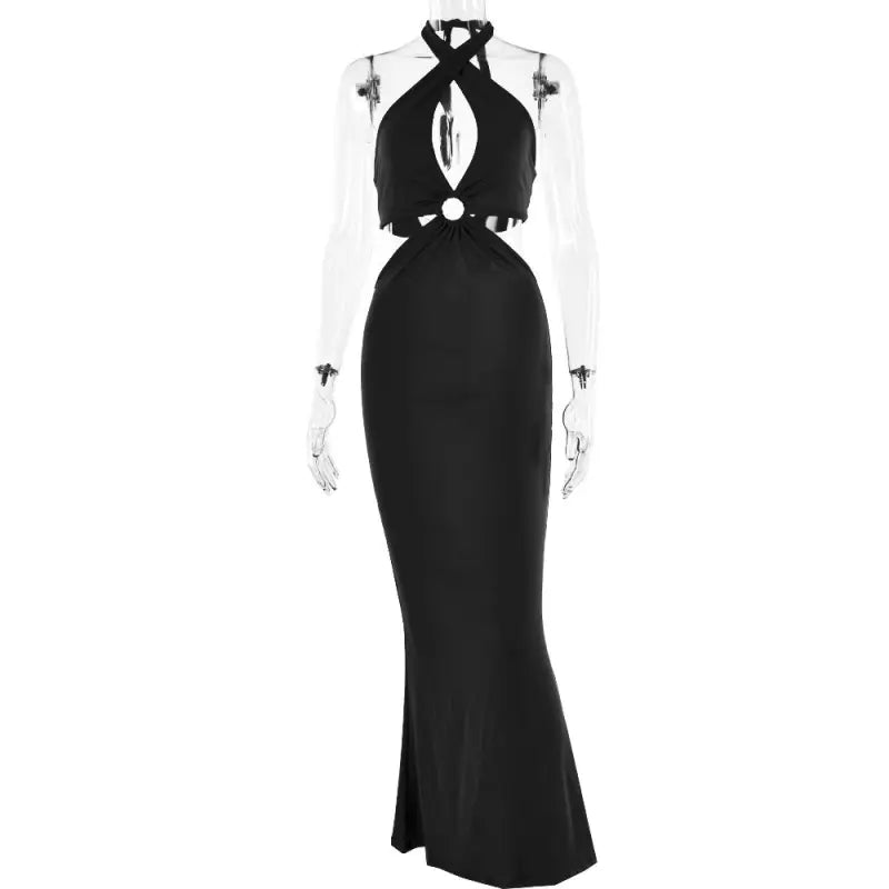 Black halter-neck cutout maxi dress showcasing an elegant strap backless design for formal events