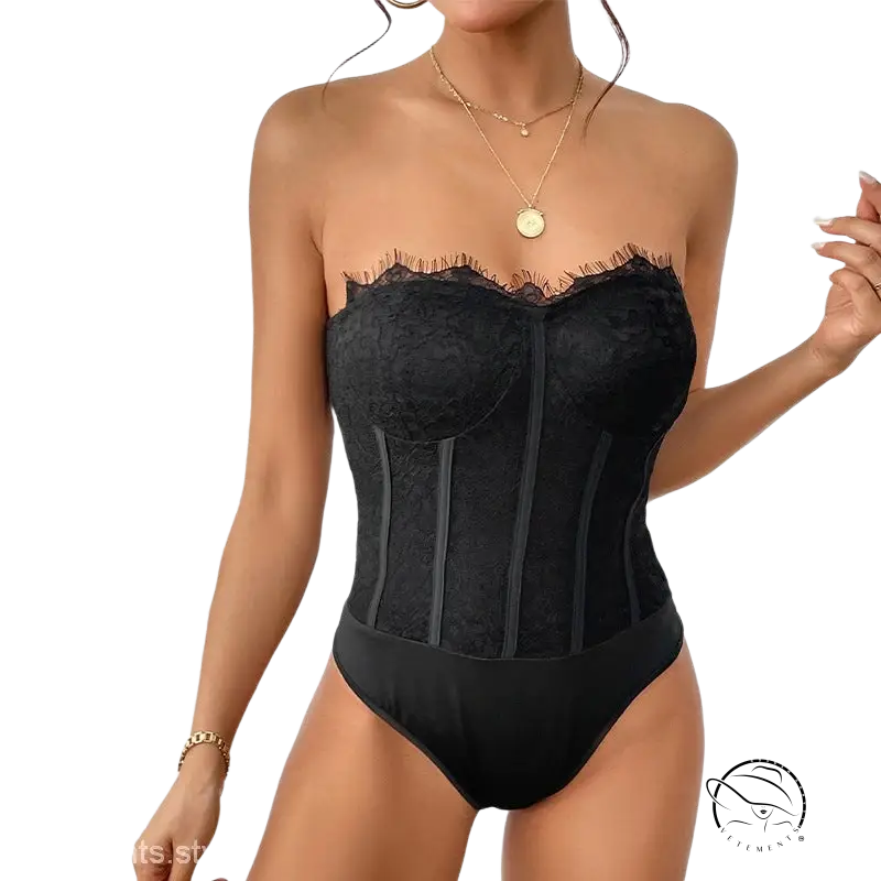 Elegant strapless boning corset in black lace with tulle accents