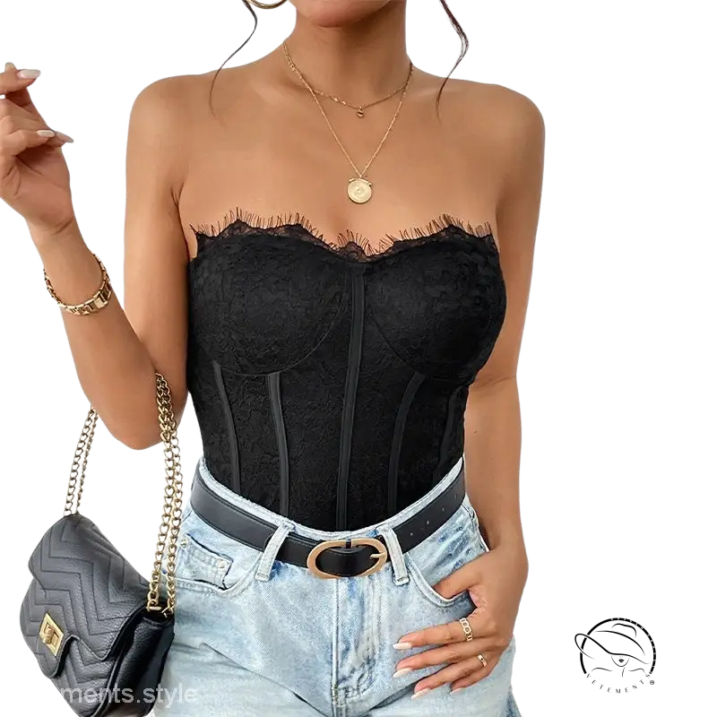 Elegant strapless boning corset in black lace with tulle accents