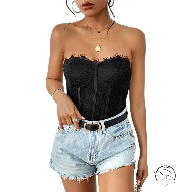 Elegant strapless boning corset with black lace and tulle accents