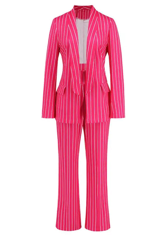 Bright pink striped blazer suit with wide leg pants, ideal for office wear