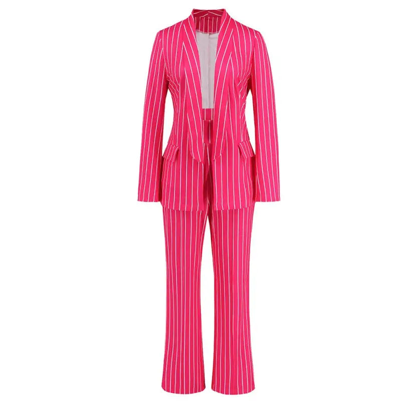 Bright pink striped blazer suit with wide leg pants, ideal for office wear