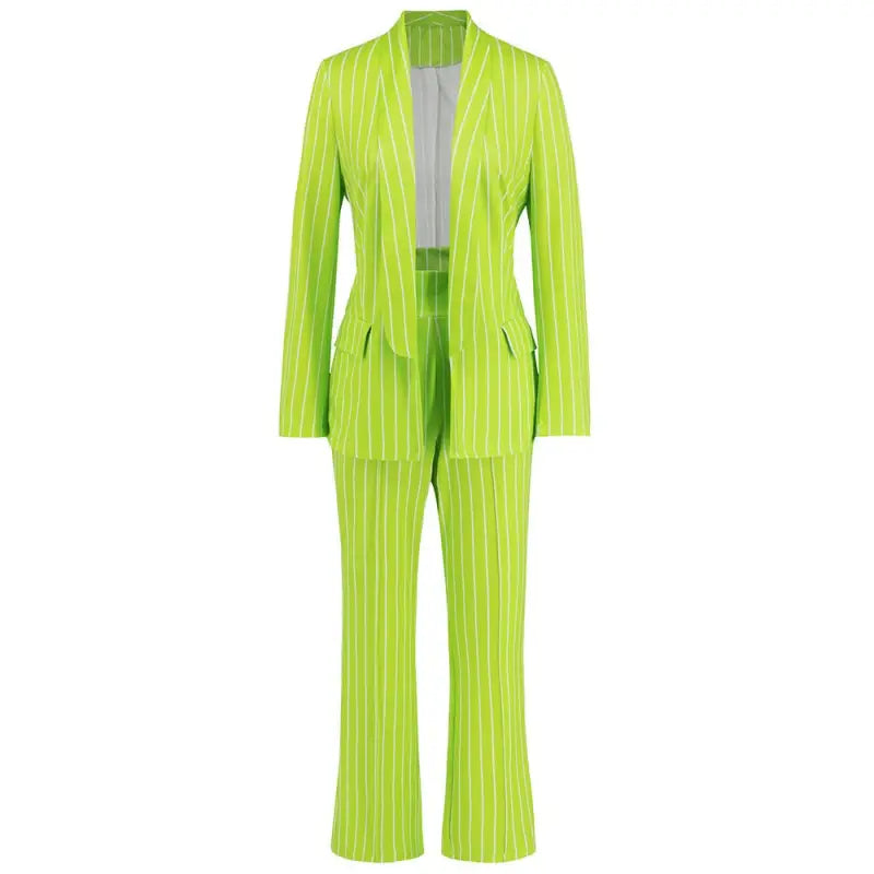 Bright lime green striped blazer suit with wide leg pants for office wear
