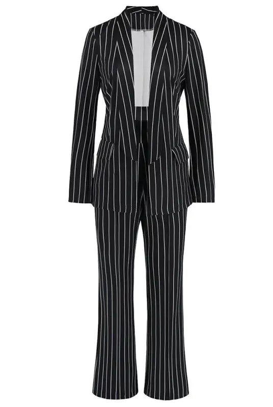 Elegant striped blazer suit with wide-leg pants for office wear, fashionable women’s leg pants suit