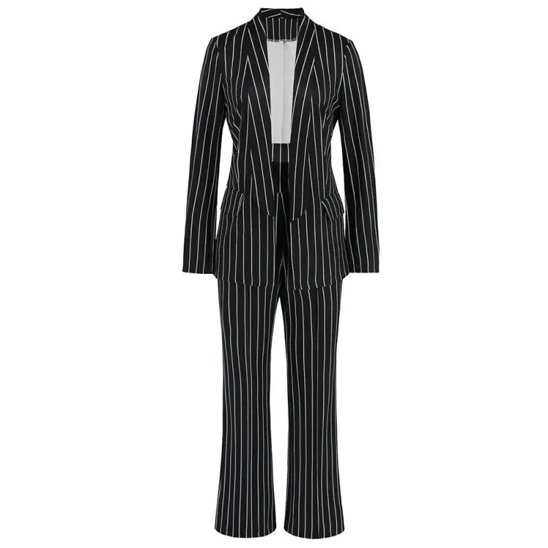 Elegant striped blazer suit with wide-leg pants for office wear, fashionable women’s leg pants suit