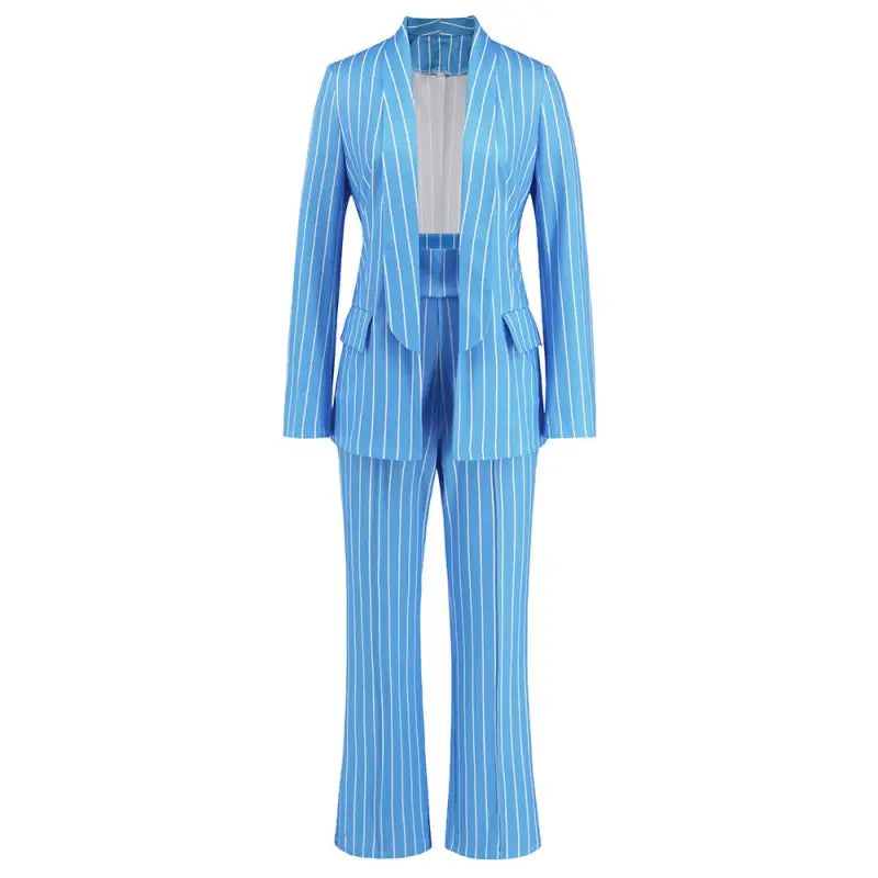 Light blue pinstriped women’s suit featuring a striped blazer and wide leg pants