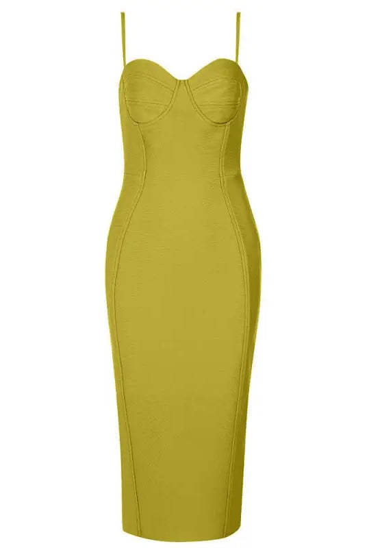 Chartreuse summer bandage dress with spaghetti straps and a bustier-style top