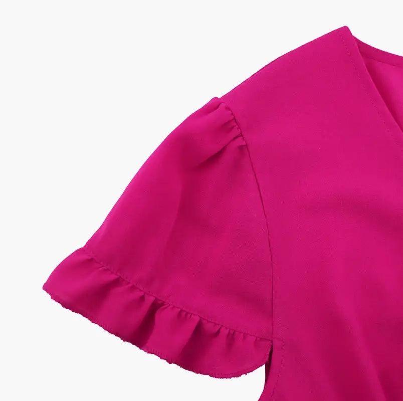 Magenta ruffled sleeve on Elegant Summer Beach Dress with ruffled design, free shipping available