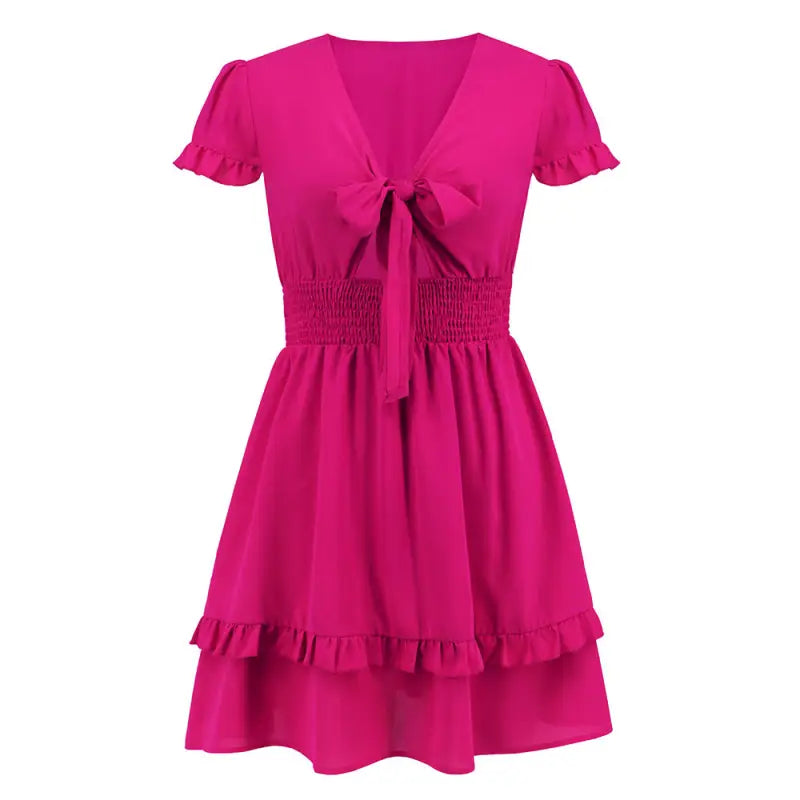 Elegant summer beach dress with ruffles and V-neck, free shipping available