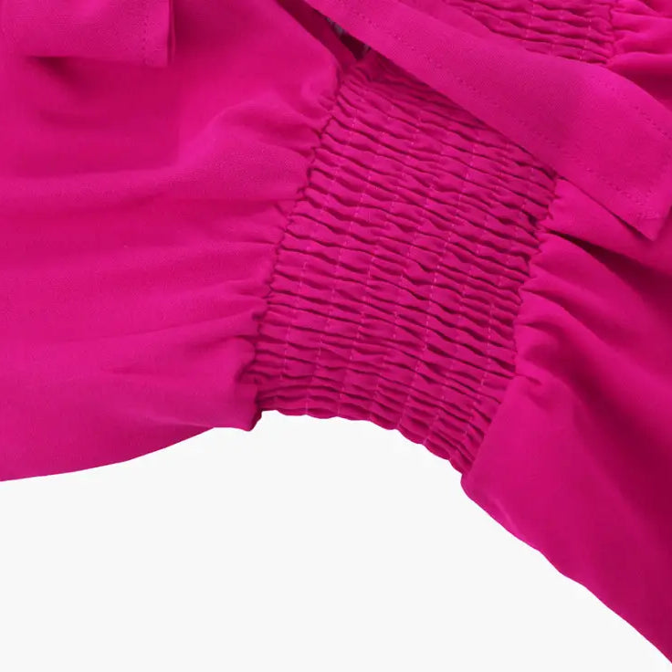 Fuchsia fabric with shirring on Elegant Summer Beach Dress, perfect for beach day free shipping