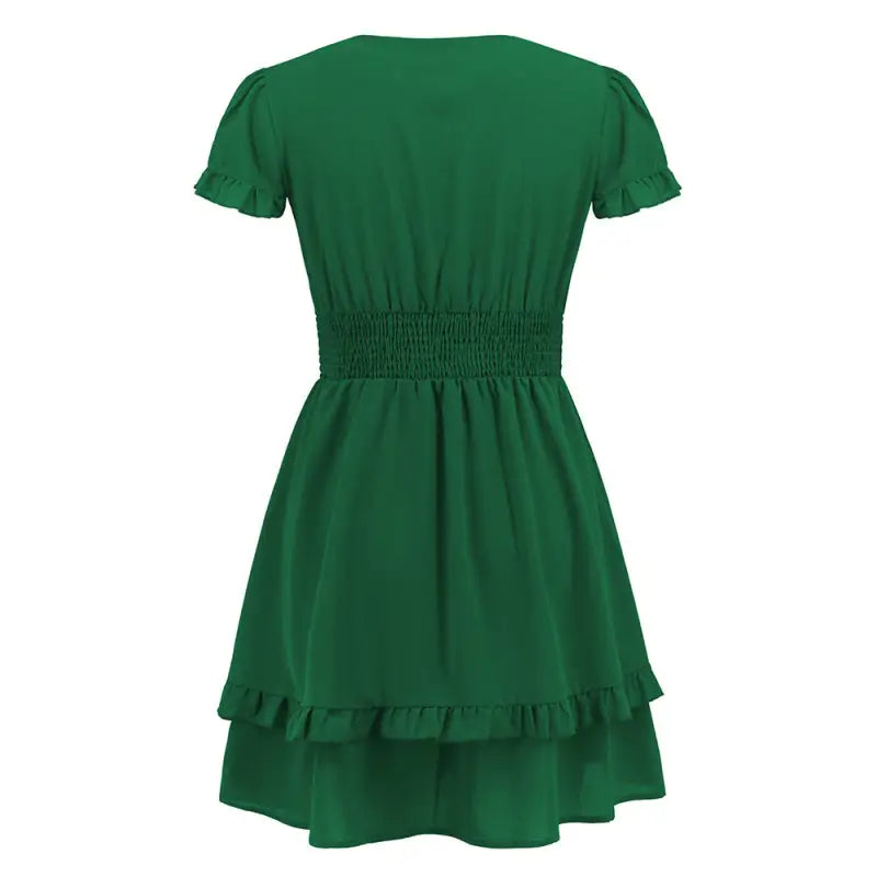 Green tiered beach dress with ruffled design, perfect for summer, free shipping available