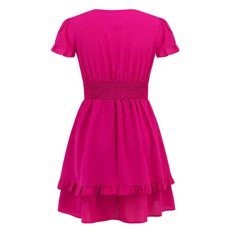 Fuchsia short-sleeved beach dress with ruffled design, perfect for summer, free shipping available