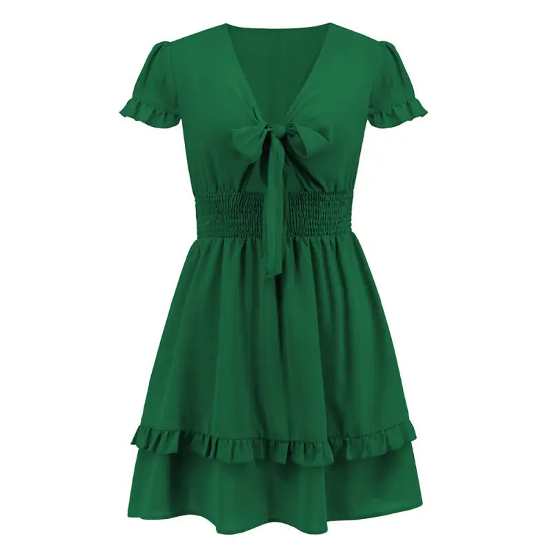 Elegant summer beach dress with ruffles and green tie-front, free shipping available