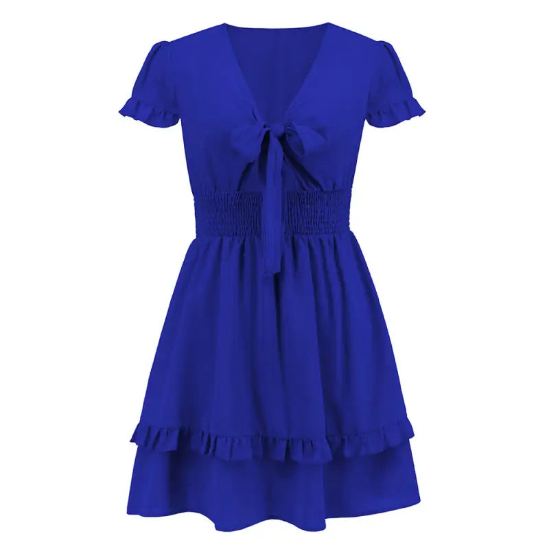 Blue tie-front ruffle beach dress with elegant design, available with free shipping