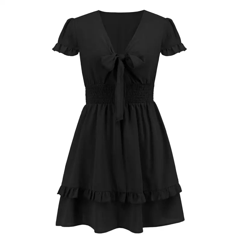 Elegant summer beach dress with ruffles featuring a black tie-front design available with free shipping