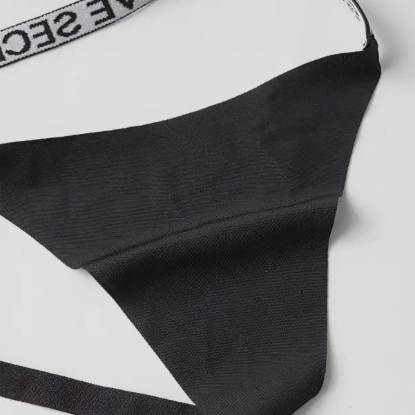 Elegant T Shaped Black Nylon Graphic Ring Panties with White Elastic Waistband