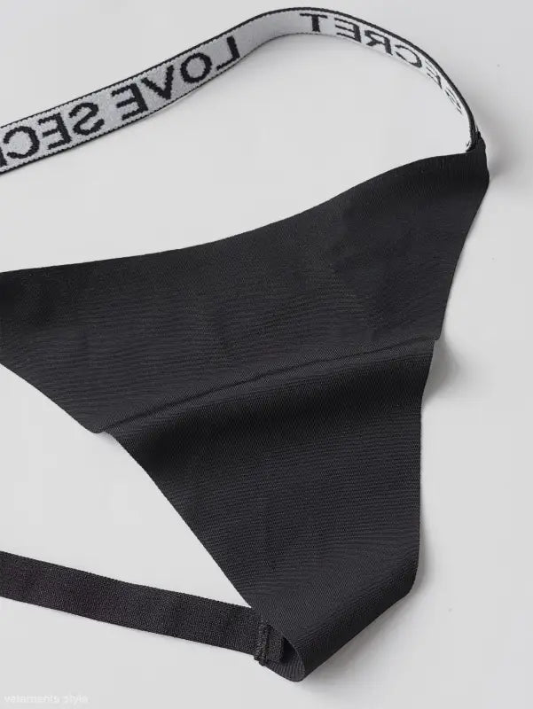Elegant T Shaped Black Nylon Graphic Ring Panties with White Elastic Waistband