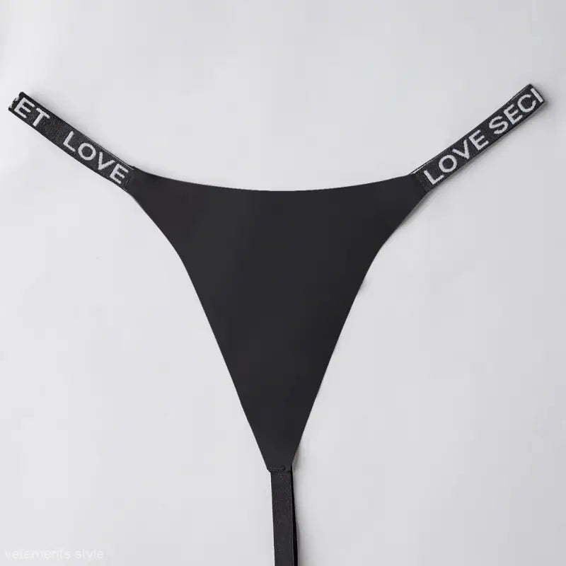 Elegant T-Shaped Black Nylon Graphic Ring Panties with ET LOVE and LOVE SEC waistband