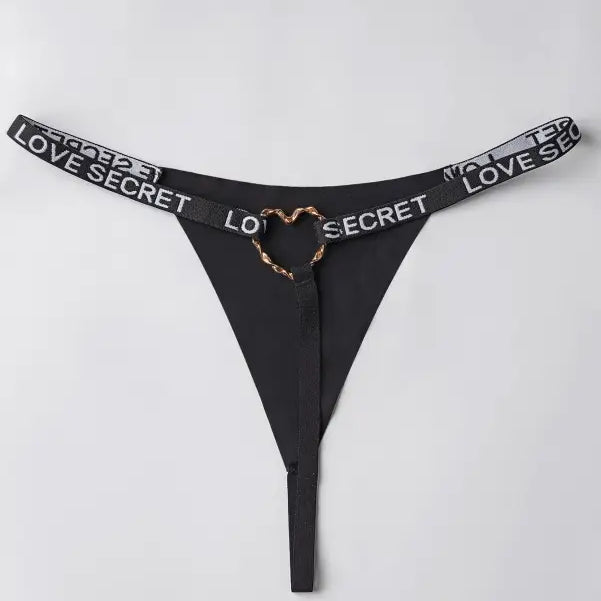 Elegant T-Shaped Black Nylon Graphic Ring Panties with LOVE SECRET waistband and heart ring