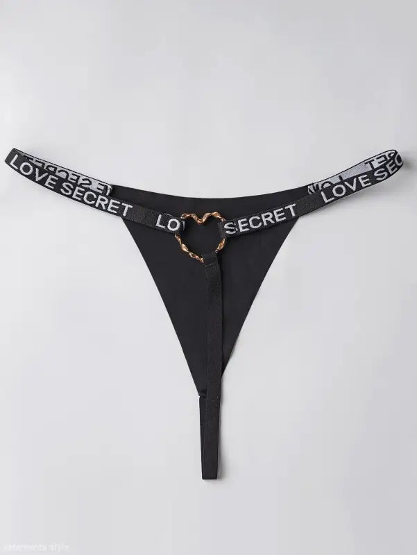 Elegant T-Shaped Black Nylon Graphic Ring Panties with LOVE SECRET waistband and heart ring