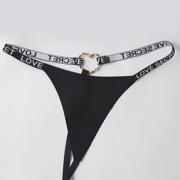 Elegant T Shaped Black Nylon Graphic Ring Panties with LOVE SECRET waistband and heart detail