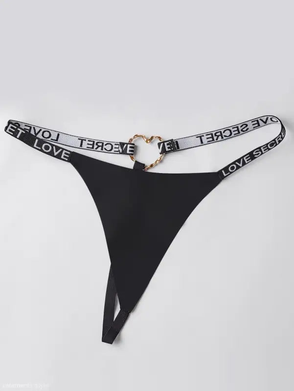 Elegant T Shaped Black Nylon Graphic Ring Panties with LOVE SECRET waistband and heart detail