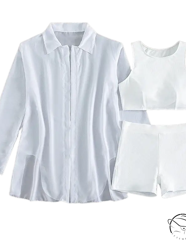 Elegant three piece sexy bikini with white button-up shirt