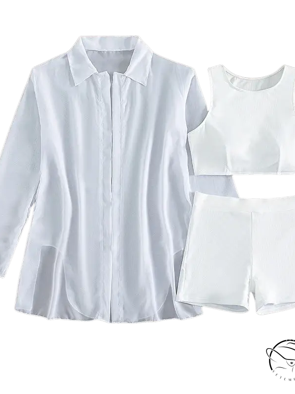 Elegant three piece sexy bikini with white button-up shirt