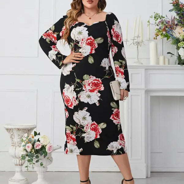 Plus-size floral print midi dress in an elegant tight waist sheath dress style