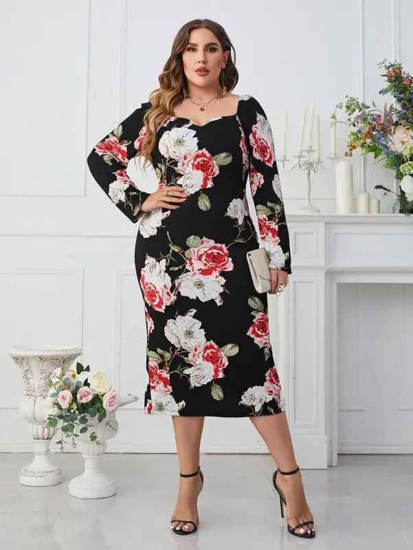 Plus-size floral print midi dress in an elegant tight waist sheath dress style